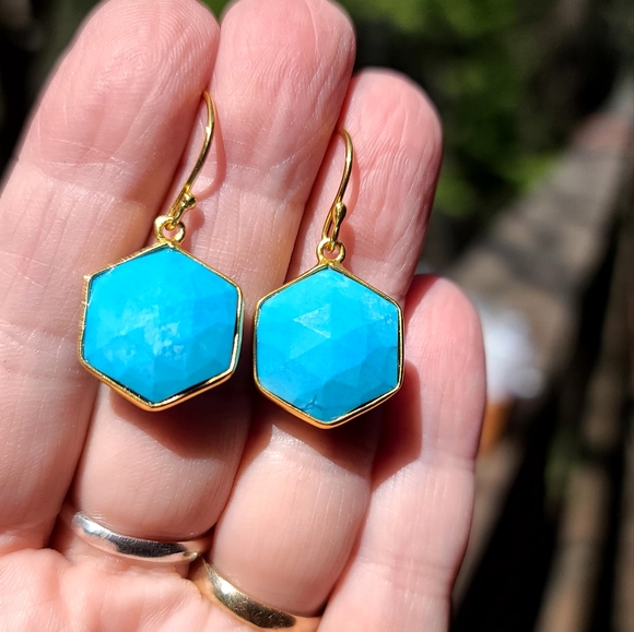 Turquoise faceted sterling & gold dramatic earrings - Picture 2 of 6